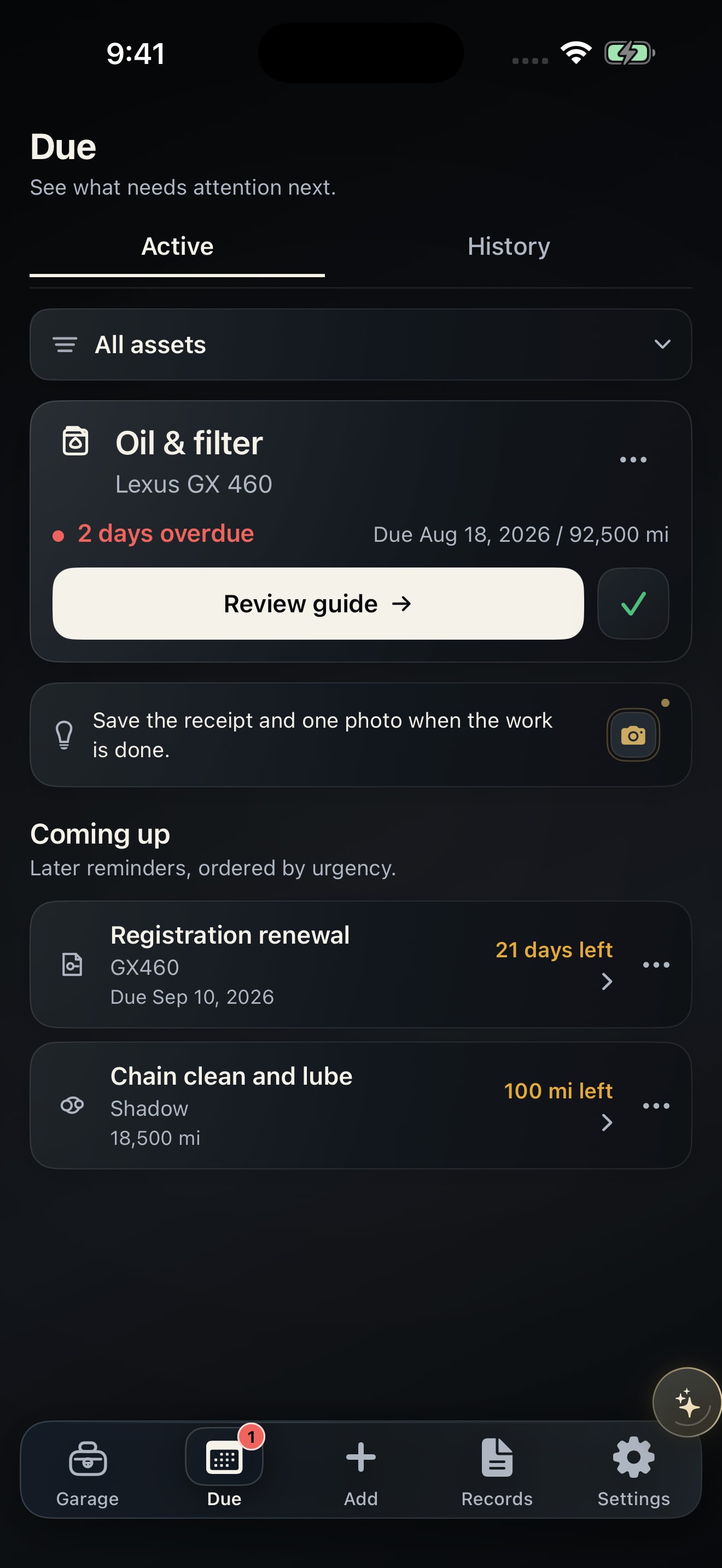 ServiceVault Due screen with upcoming demo maintenance